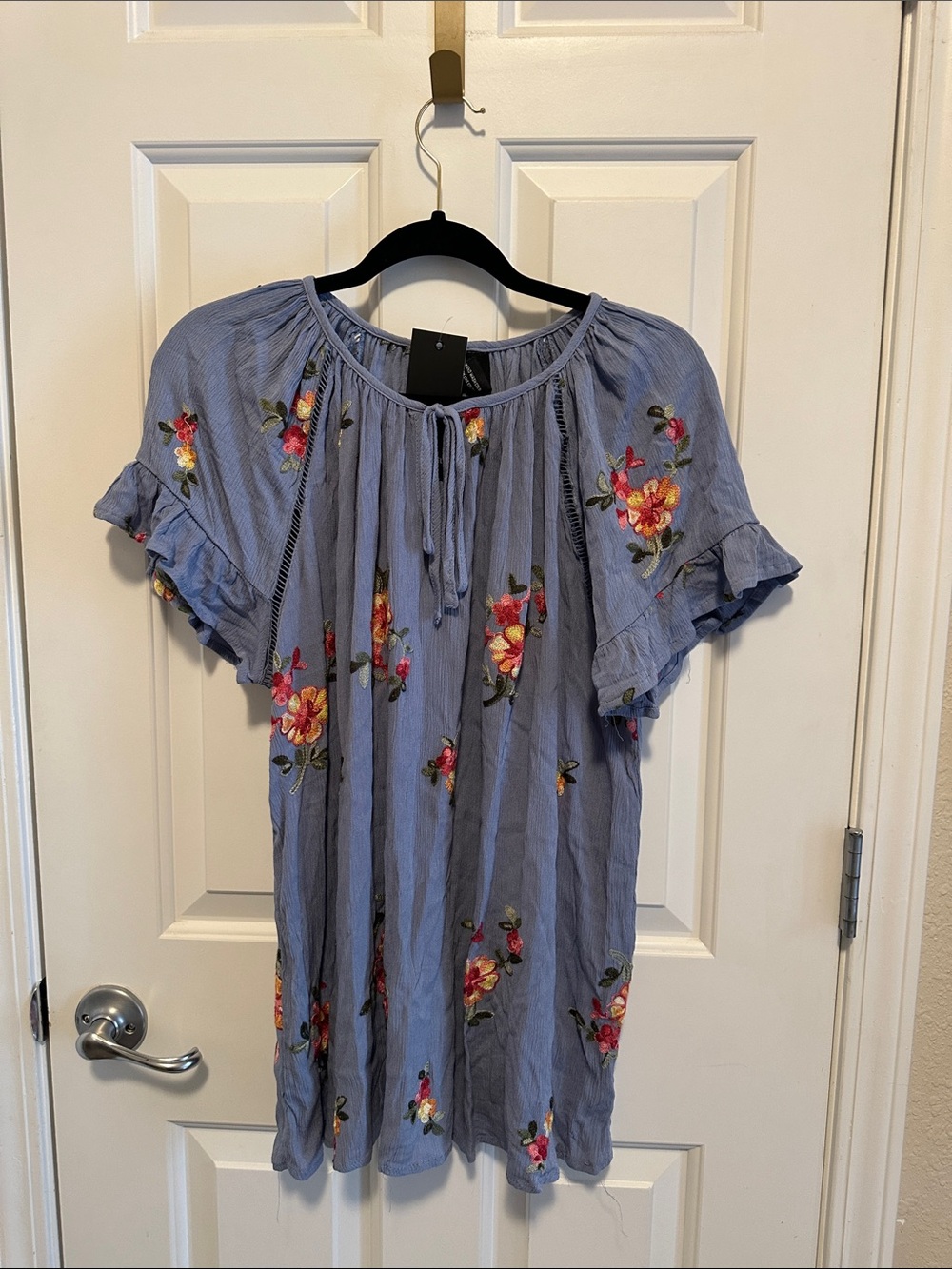 Blue Floral Embroidered Peasant Blouse with Tie Neck